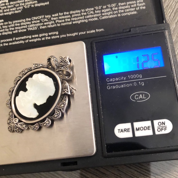 Vintage Sterling Silver, Marcasite, Onyx, & Mother of Pearl Cameo - Picture 16 of 16